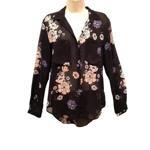 Cloth and Stone Black Floral Blouse Sheer Long Sleeve Lightweight Size Small
